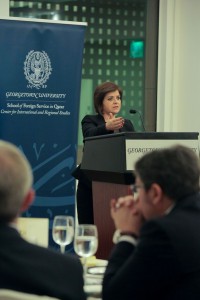 Minister Emine Çolak gives a speech on Cyprus problem at Georgetown University